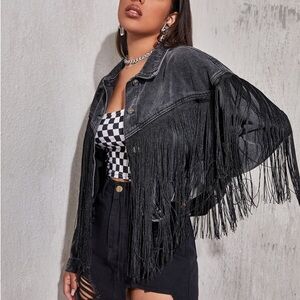 Women's Black Fringe Denim Jacket - Statement Jean Coat